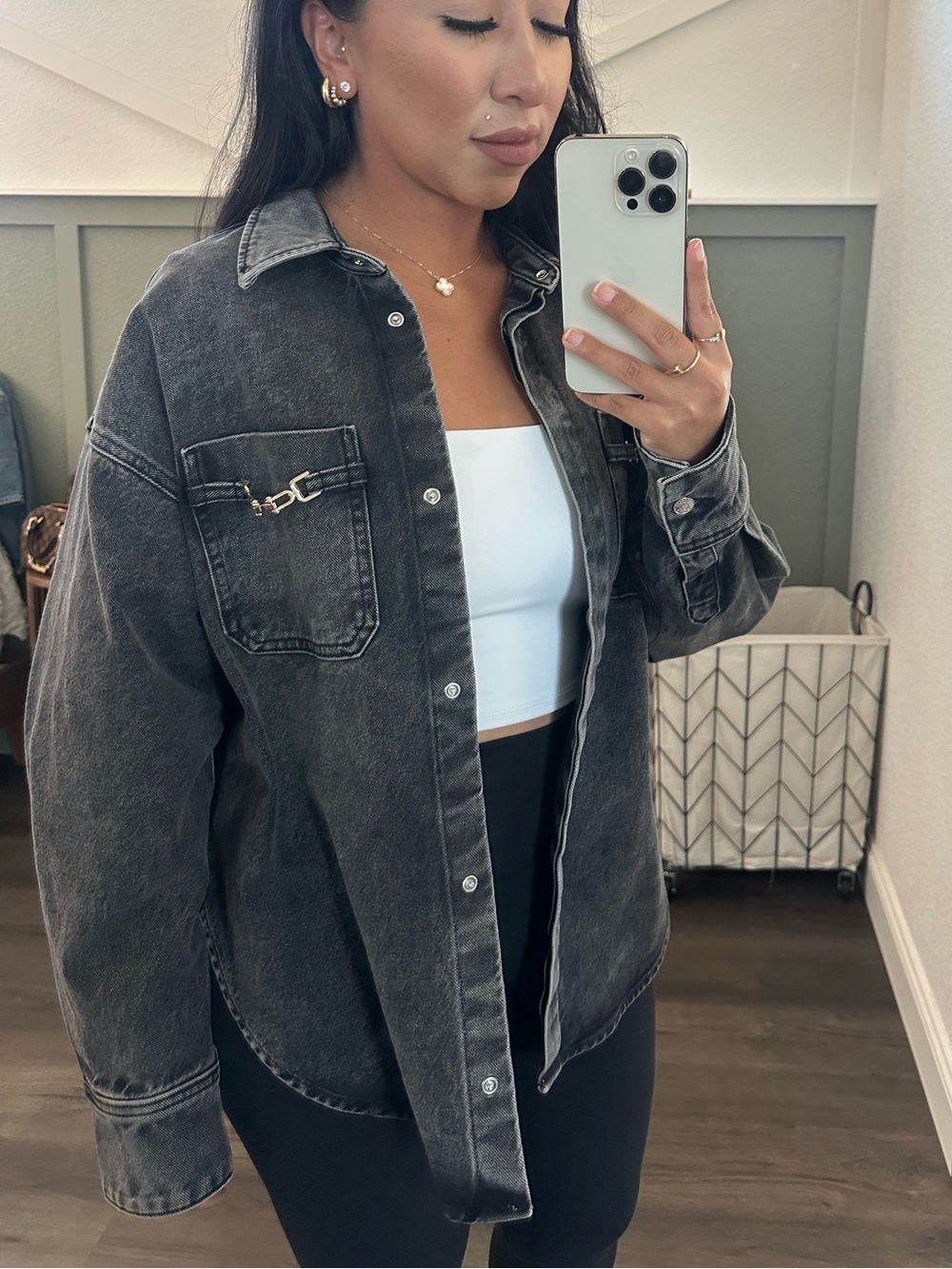Express Washed Black Denim Shacket with Chest Hardware